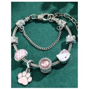 Hello Kitty Silver Charm Bracelet with Pink Enamel Accents